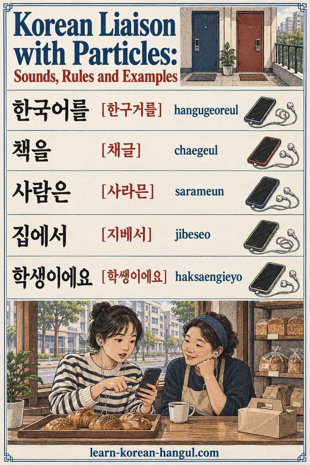 Pronunciation examples: 한국어를, [한구거를], 책을, [채글], 사람은, [사라믄], 집에서, [지베서], 학생이에요, [학쌩이에요], hangugeoreul, chaegeul, sarameun, jibeseo, haksaengieyo