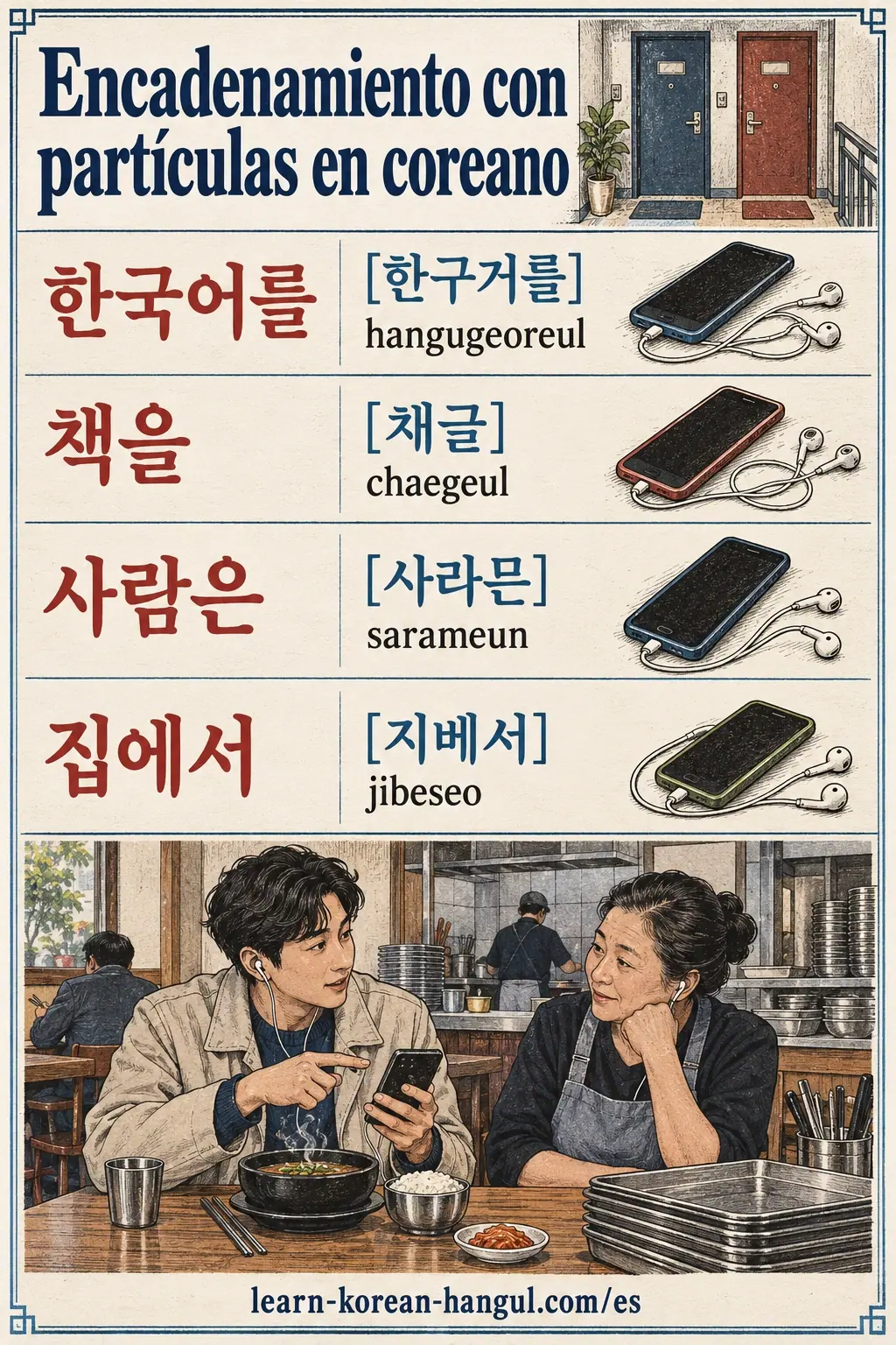 Ejemplos de pronunciación: 한국어를, [한구거를], 책을, [채글], 사람은, [사라믄], 집에서, [지베서], hangugeoreul, chaegeul, sarameun, jibeseo