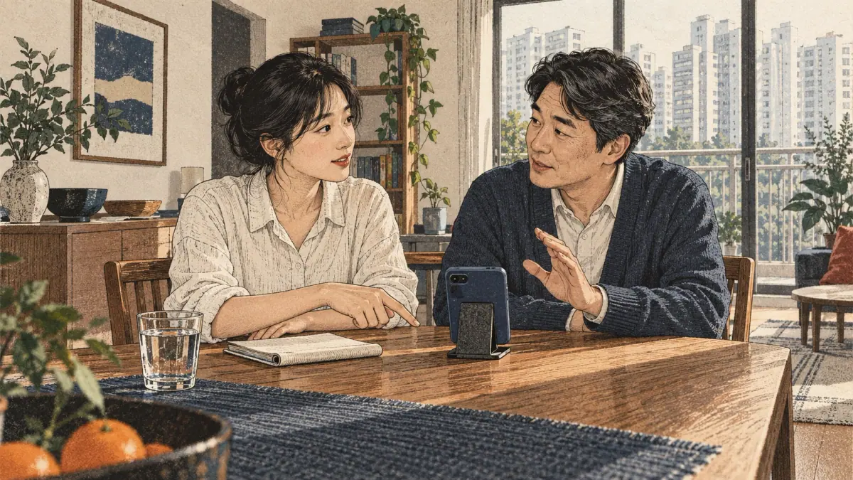 Adults practise Korean pronunciation in a Seoul apartment dining room.
