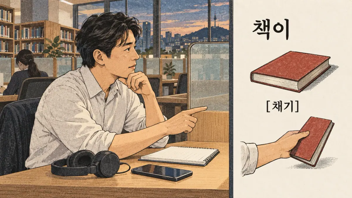 Pronunciation examples: 책이, [채기]