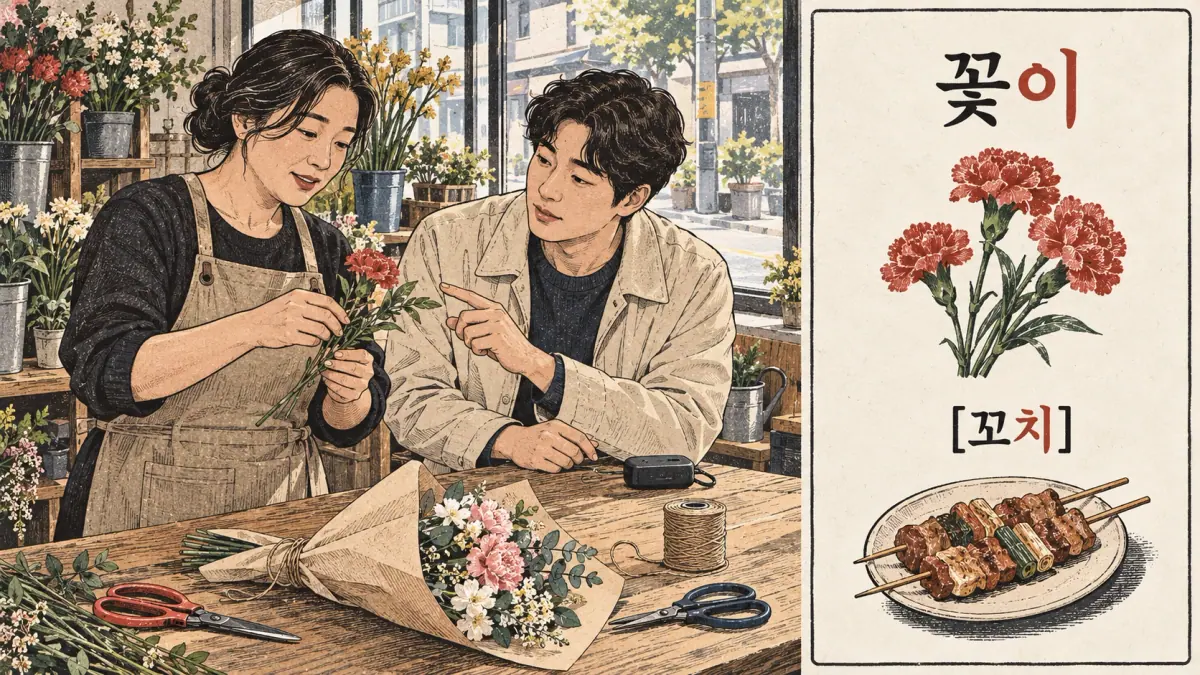 Pronunciation examples: 꽃이, [꼬치]