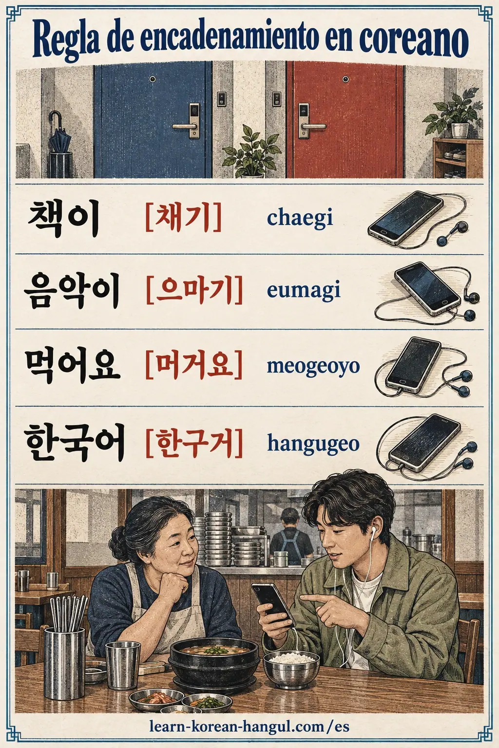 Ejemplos de pronunciación: 책이, [채기], 음악이, [으마기], 먹어요, [머거요], 한국어, [한구거], chaegi, eumagi, meogeoyo, hangugeo