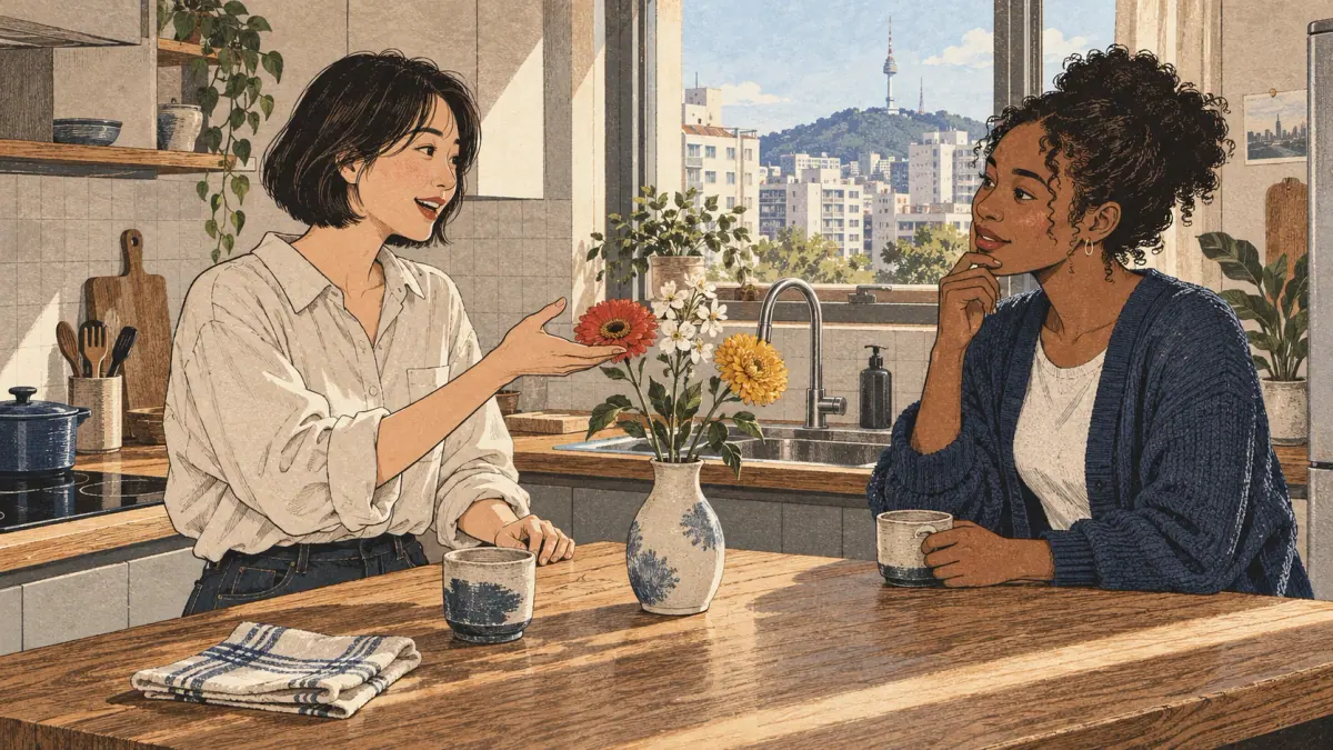 A learner practices Korean pronunciation while a friend points to flowers in a Seoul apartment kitchen.