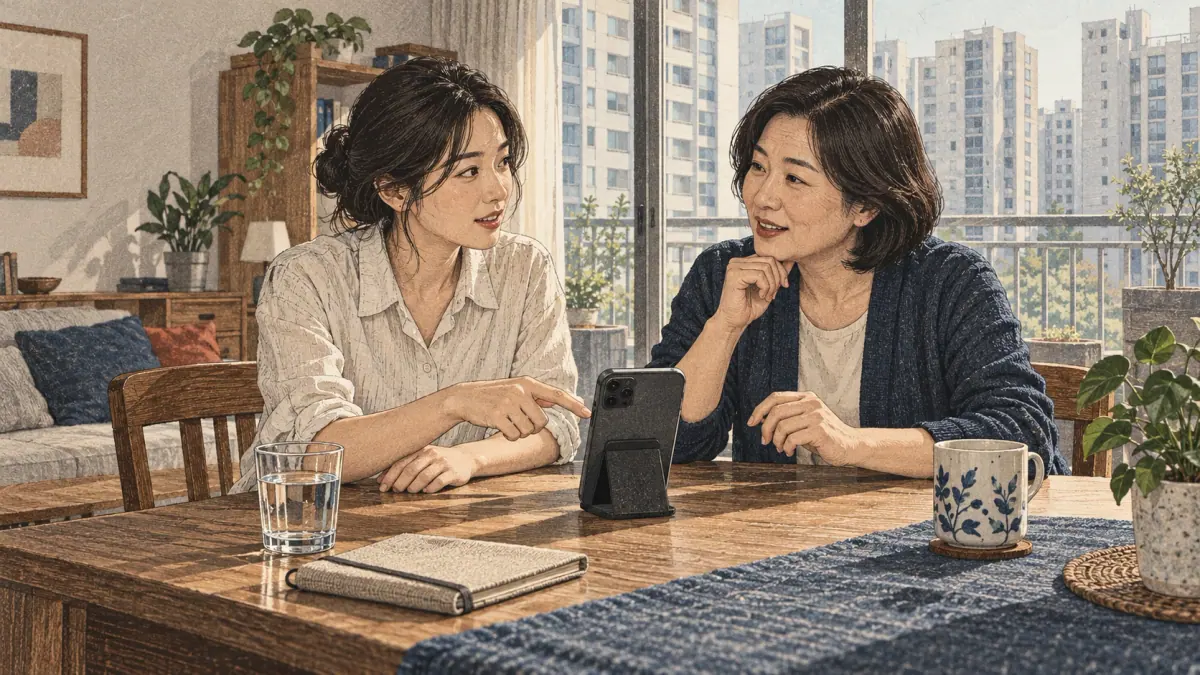 Adults practise Korean pronunciation in a Seoul apartment dining room.