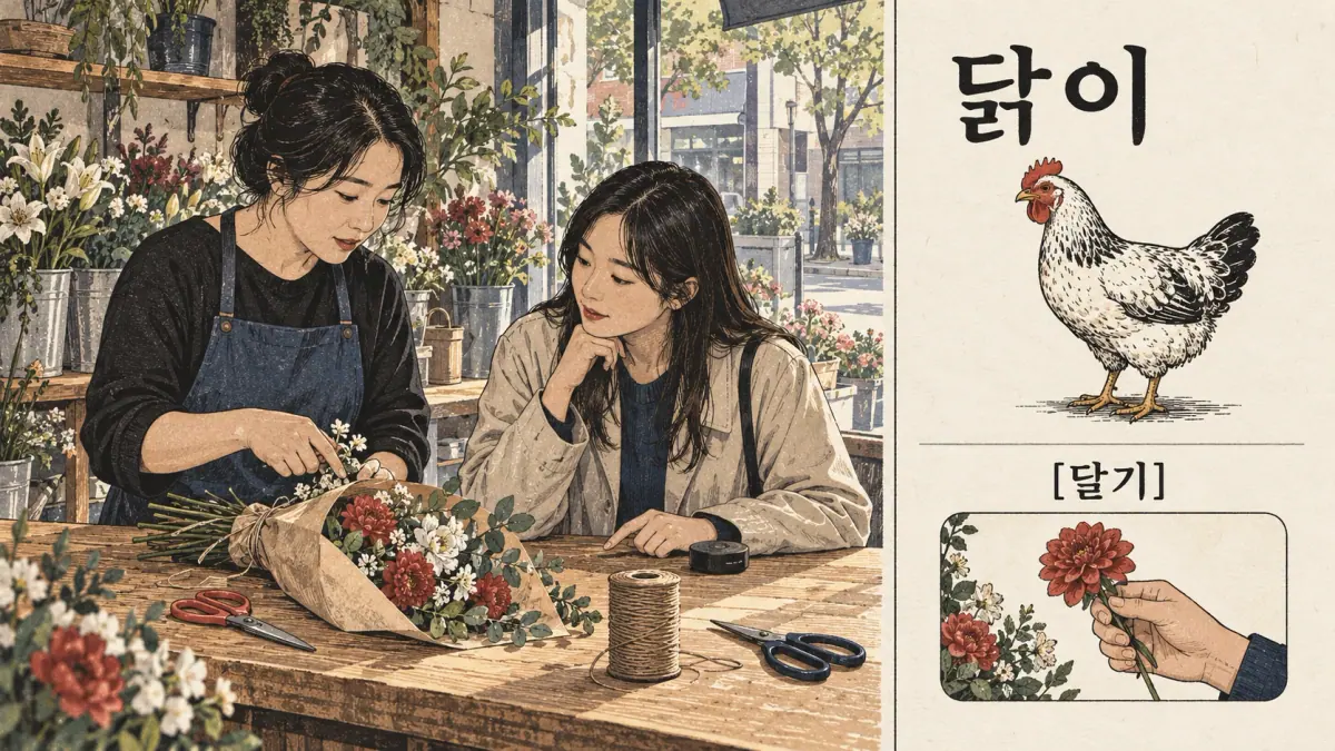 Pronunciation examples: 닭이, [달기]