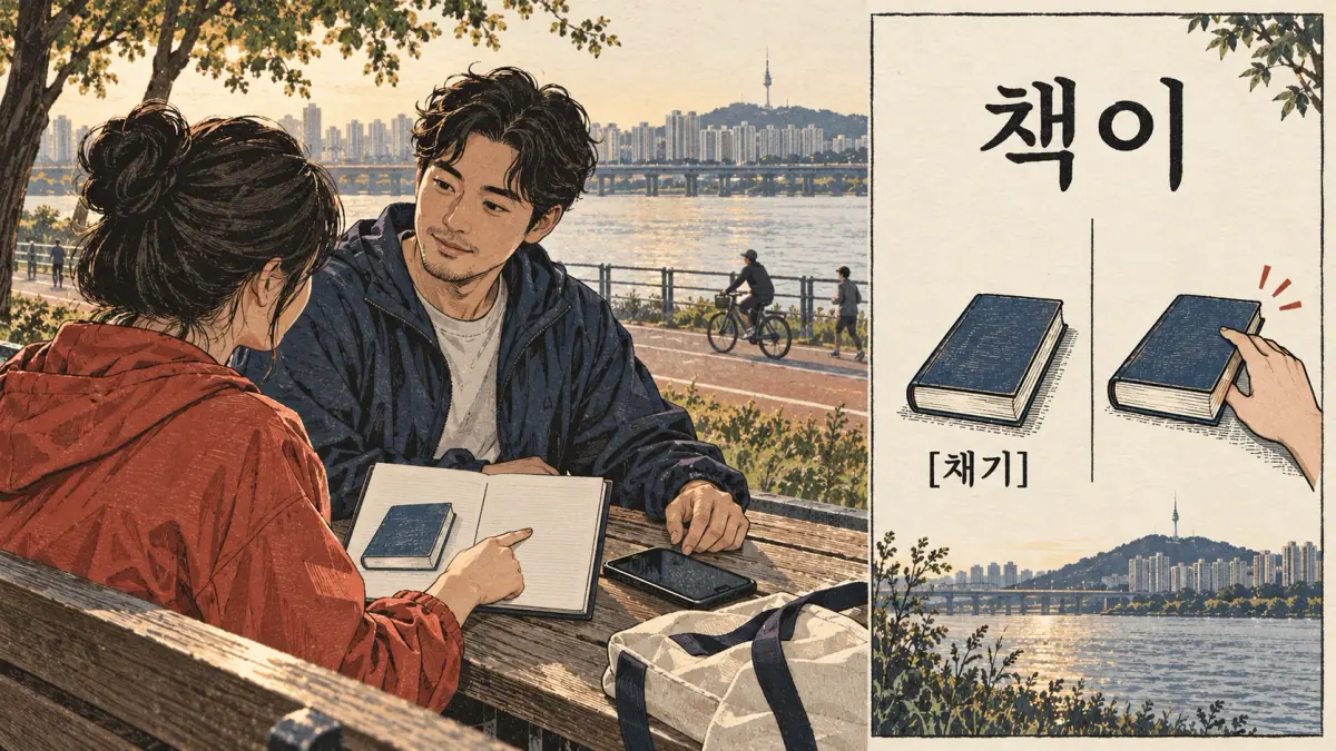 Pronunciation examples: 책이, [채기]