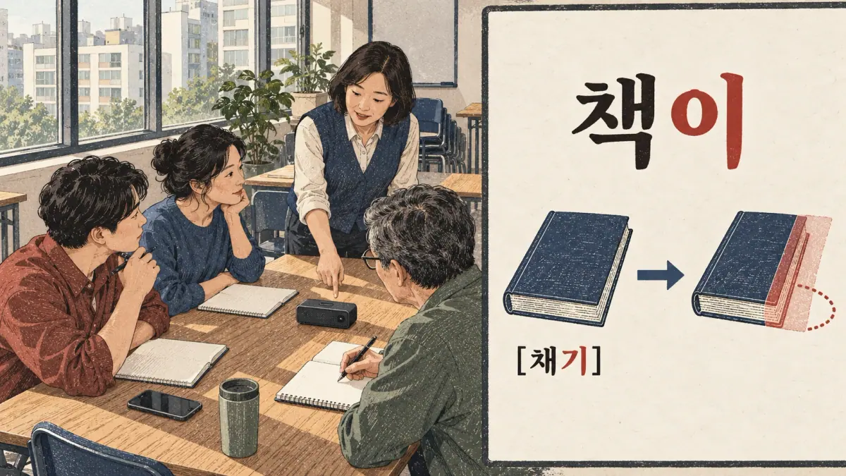 Pronunciation examples: 책이, [채기]