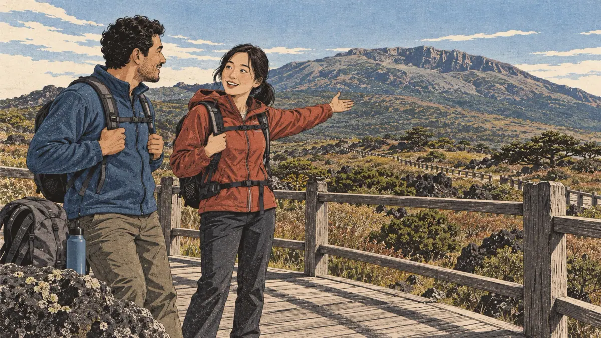 Two adult hikers practice saying Hallasan while resting on a Jeju mountain trail.