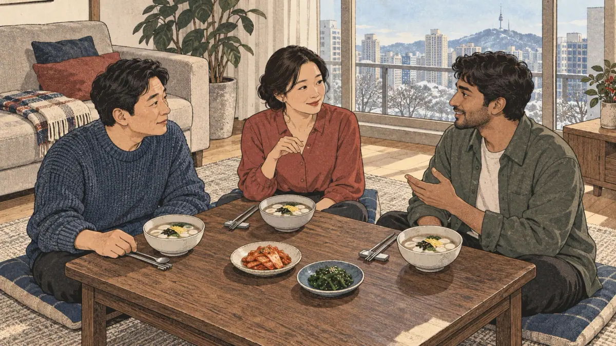 Adult learners practice Korean conversation over rice-cake soup during a Seoul Lunar New Year gathering.