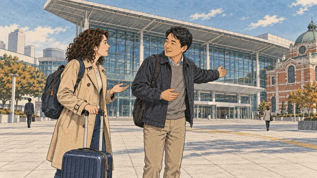 A traveller asks a Korean commuter for directions outside Seoul Station.