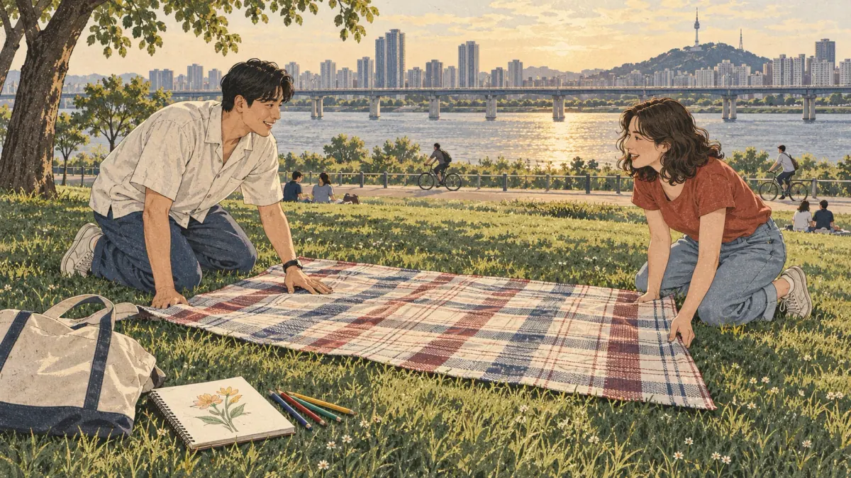 Two adults practise Korean words while spreading a blanket beside the Han River in midsummer.