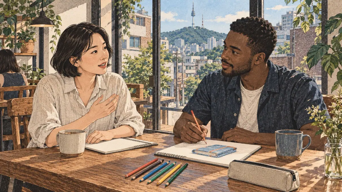 Adult learners practise Korean pronunciation with coloured pencils at a Seoul café.