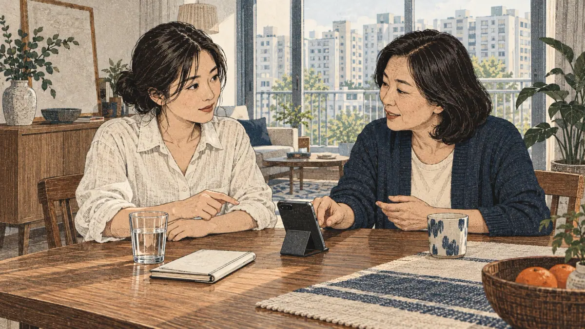 Adults practise Korean pronunciation in a Seoul apartment dining room.