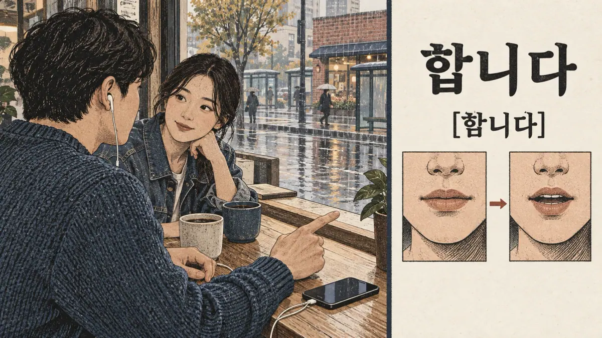Pronunciation examples: 합니다, [함니다]