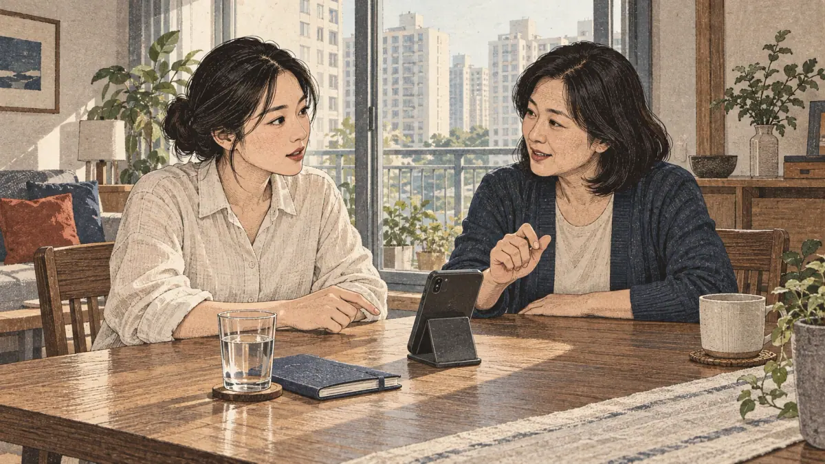 Adults practise Korean pronunciation in a Seoul apartment dining room.