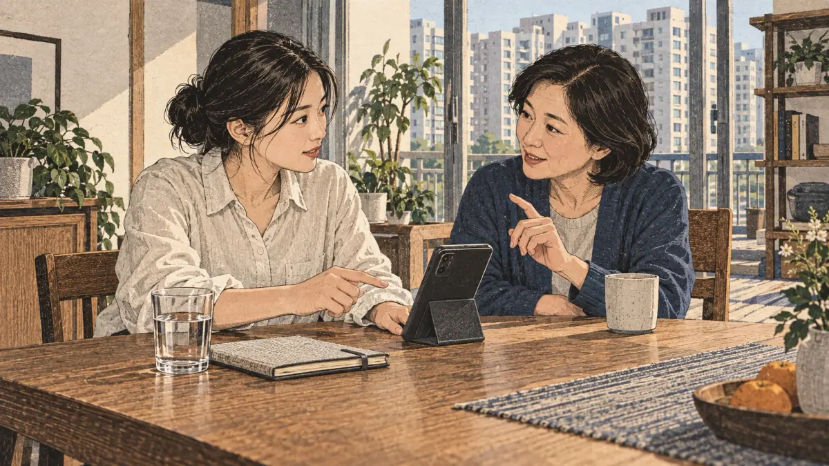 Adults practise Korean pronunciation in a Seoul apartment dining room.