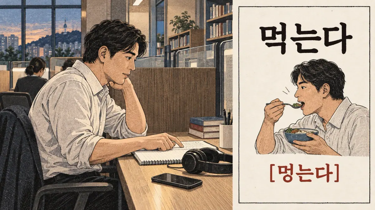Pronunciation examples: 먹는다, [멍는다]