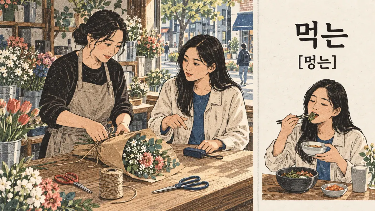 Pronunciation examples: 먹는, [멍는]