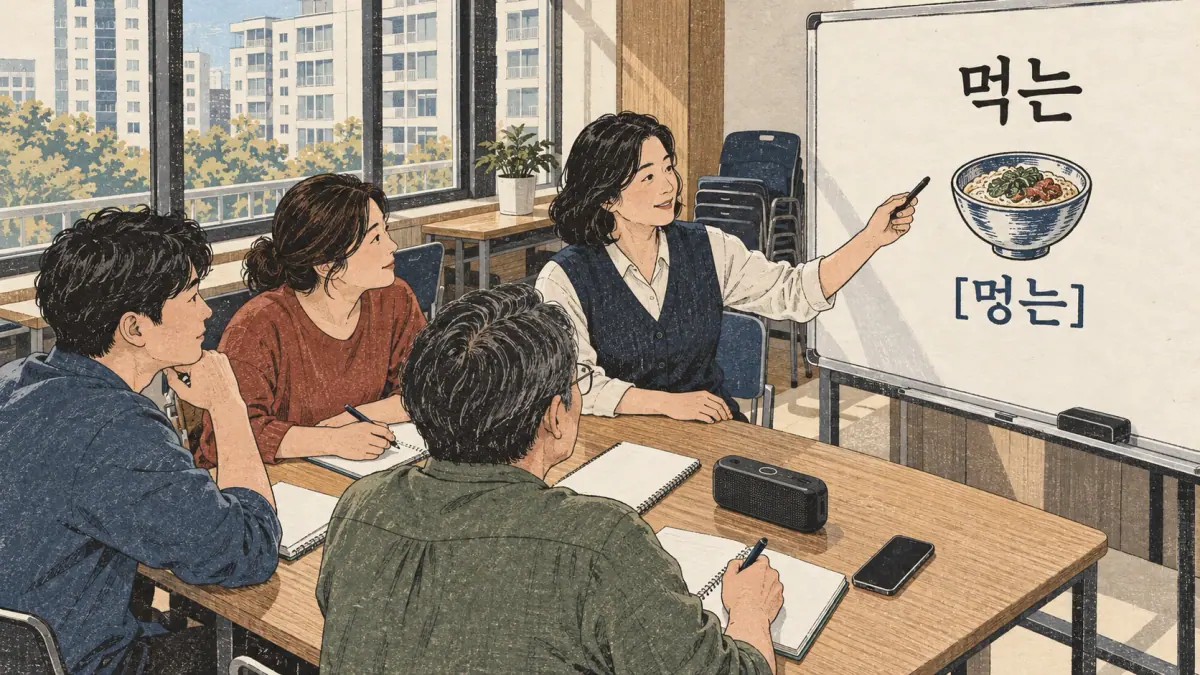 Pronunciation examples: 먹는, [멍는]