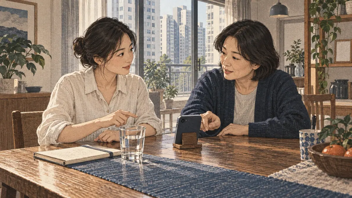 Adults practise Korean pronunciation in a Seoul apartment dining room.