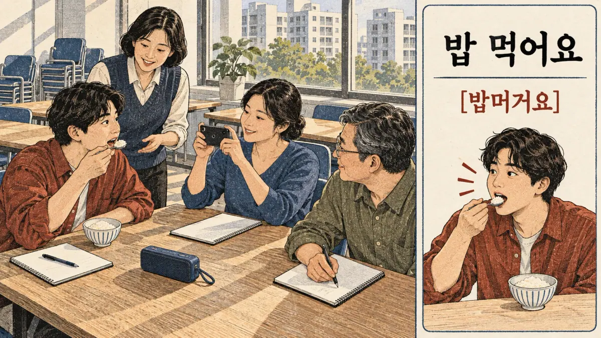 Pronunciation examples: 밥 먹어요, [밤머거요]