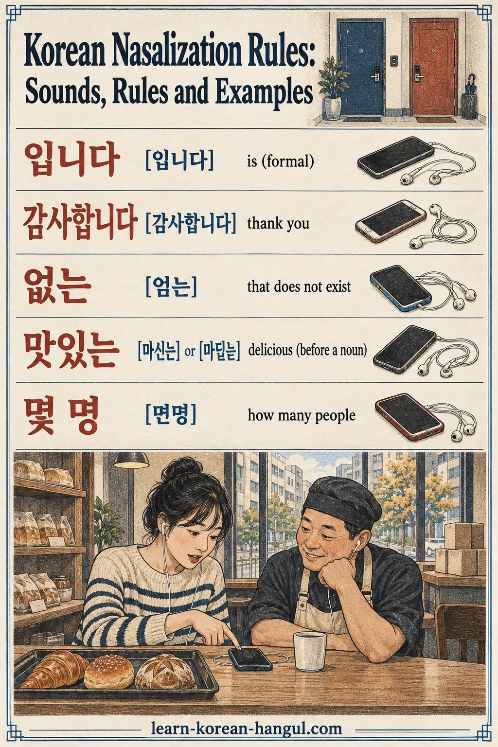 Pronunciation examples: 입니다, [임니다], 감사합니다, [감사함니다], 없는, [엄는], 맛있는, [마신는] or [마딘는], 몇 명, [면명]
