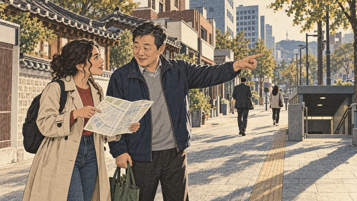 A learner asks a Korean resident for directions on a contemporary Jongno street.