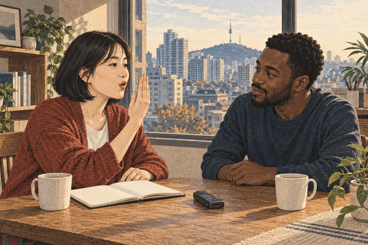 Two adult learners practice Korean pronunciation together in a Seoul study room.