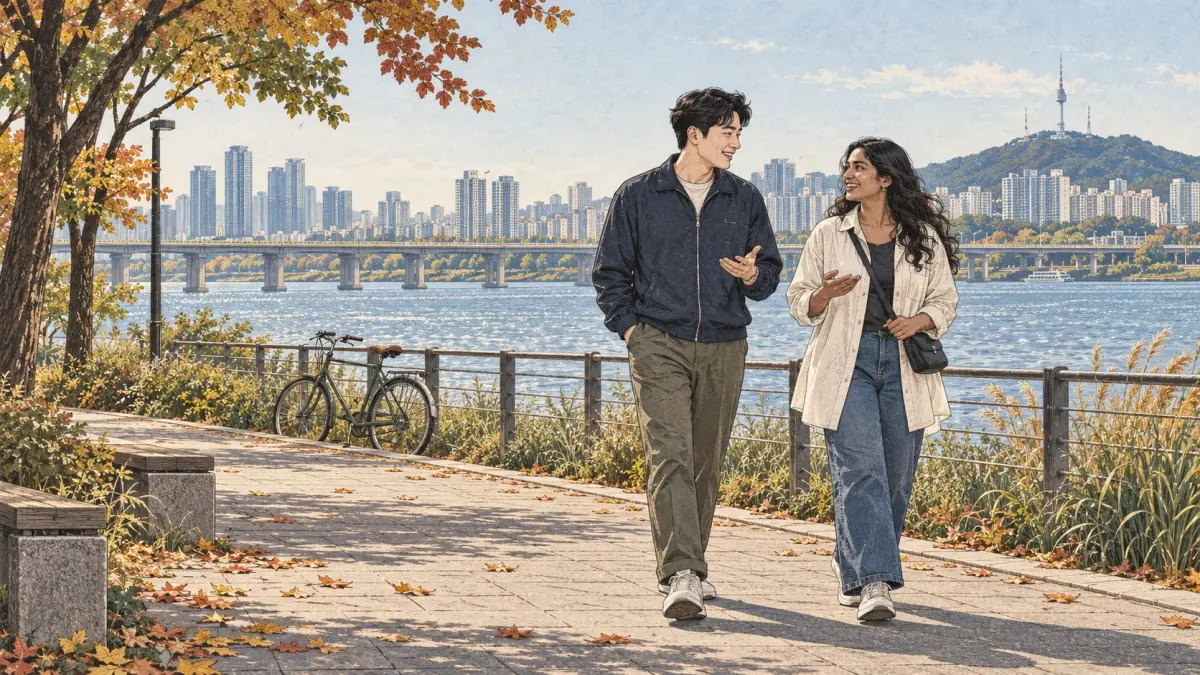 Two friends walk together and talk on a Han River path in Seoul.