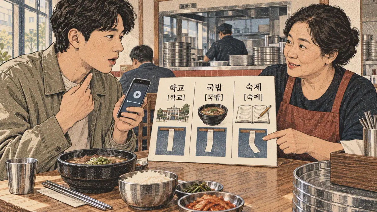 Korean pronunciation comparison: 학교 / [학꾜] / 국밥 / [국빱] / 숙제 / [숙쩨]