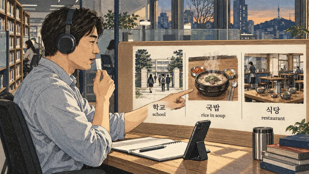 Korean pronunciation comparison: 학교 / school / 국밥 / rice in soup / 식당 / restaurant