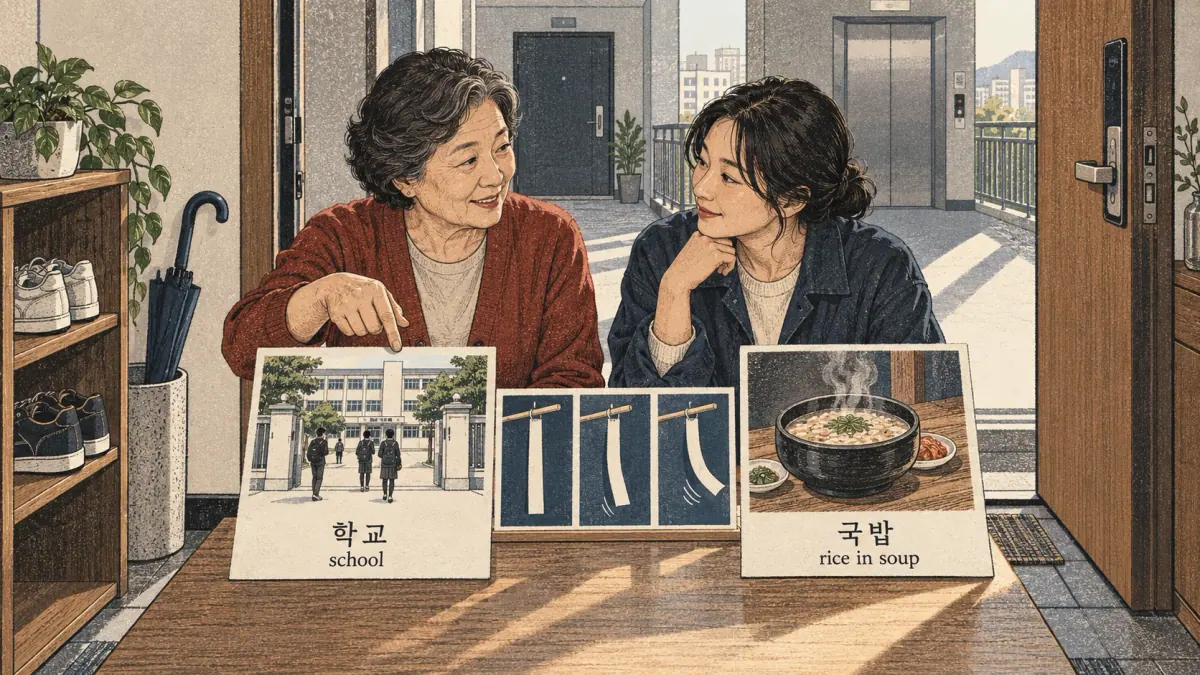 Korean pronunciation comparison: 학교 / school / 국밥 / rice in soup