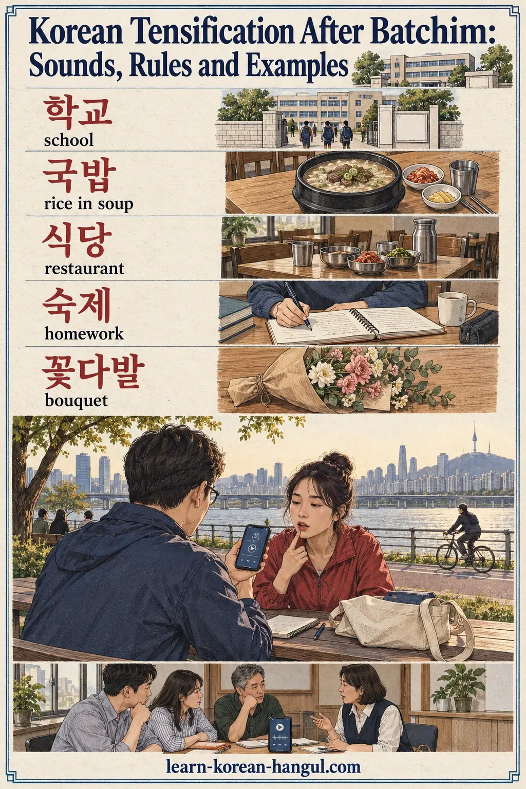 Korean pronunciation examples: 학교 / school / 국밥