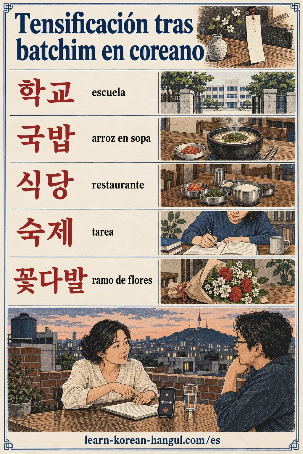 Ejemplos de pronunciación: 학교, 국밥, 식당, 숙제, 꽃다발, escuela, restaurante, tarea