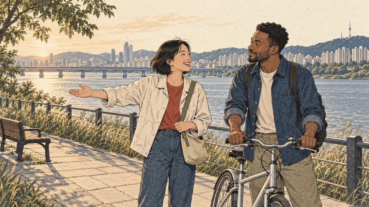 Two friends discuss where they will go beside the Han River in Seoul.