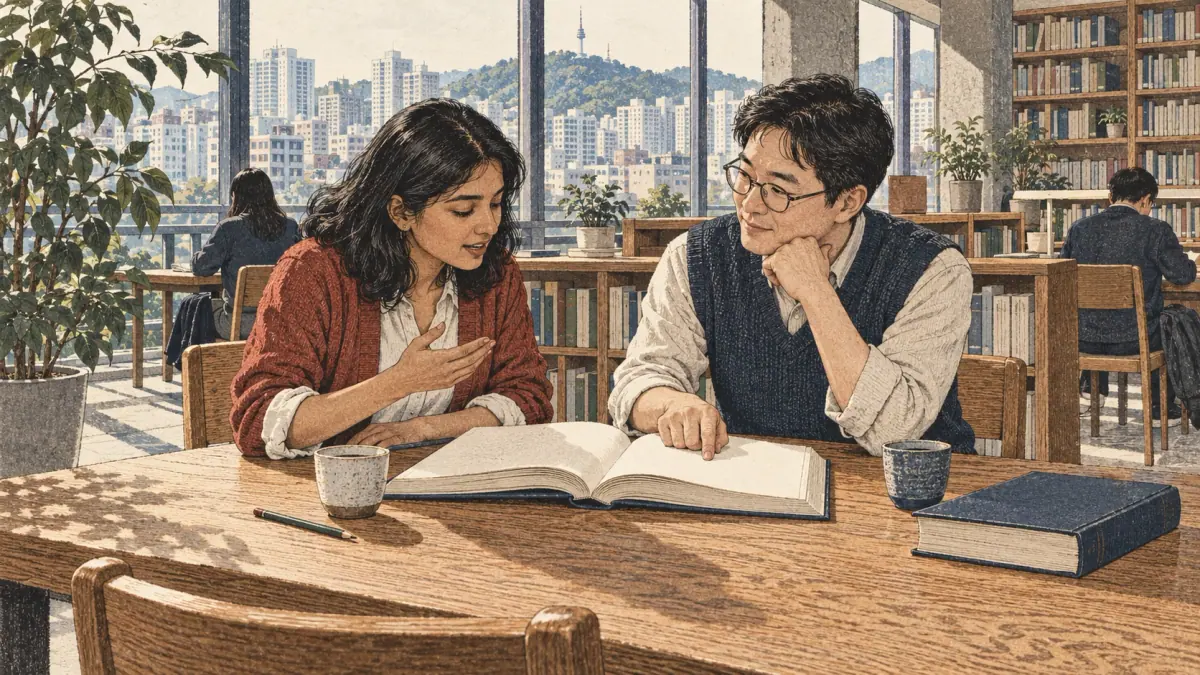 An adult learner practises vocabulary with a Korean tutor at a Seoul library table.