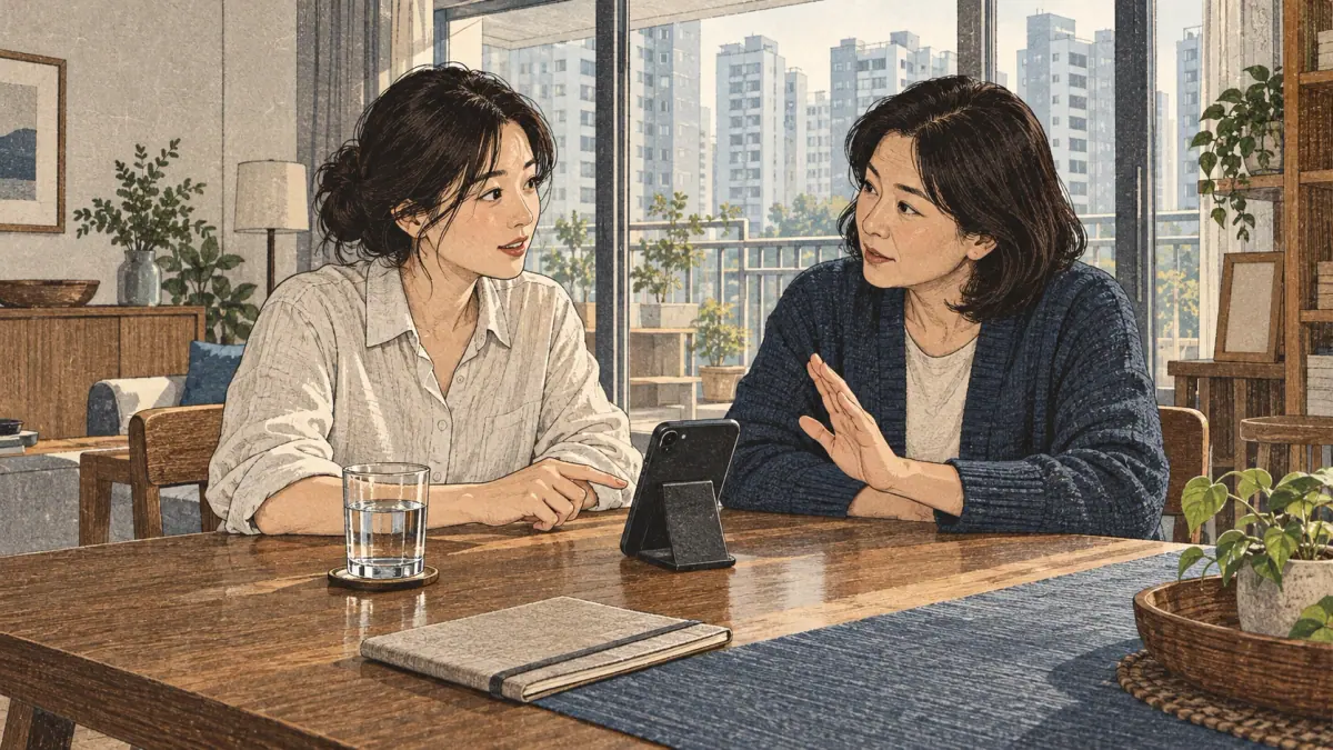 Adults practise Korean pronunciation in a Seoul apartment dining room.