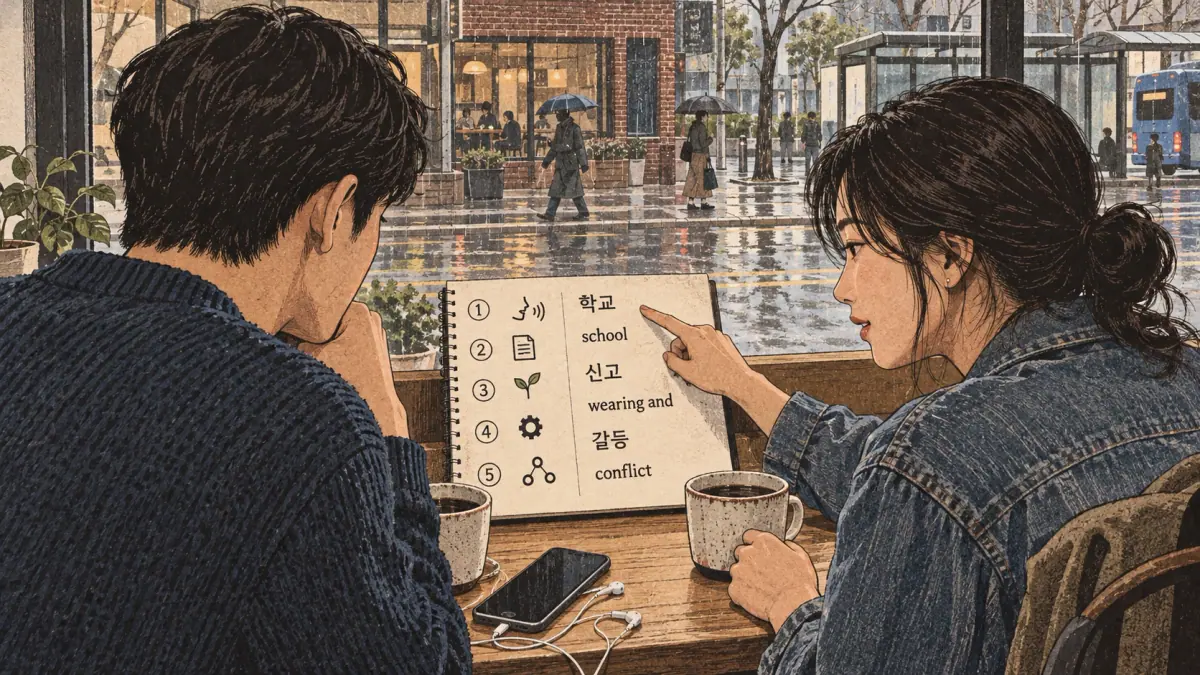 Pronunciation examples: 학교, 신고, 갈등, school, conflict