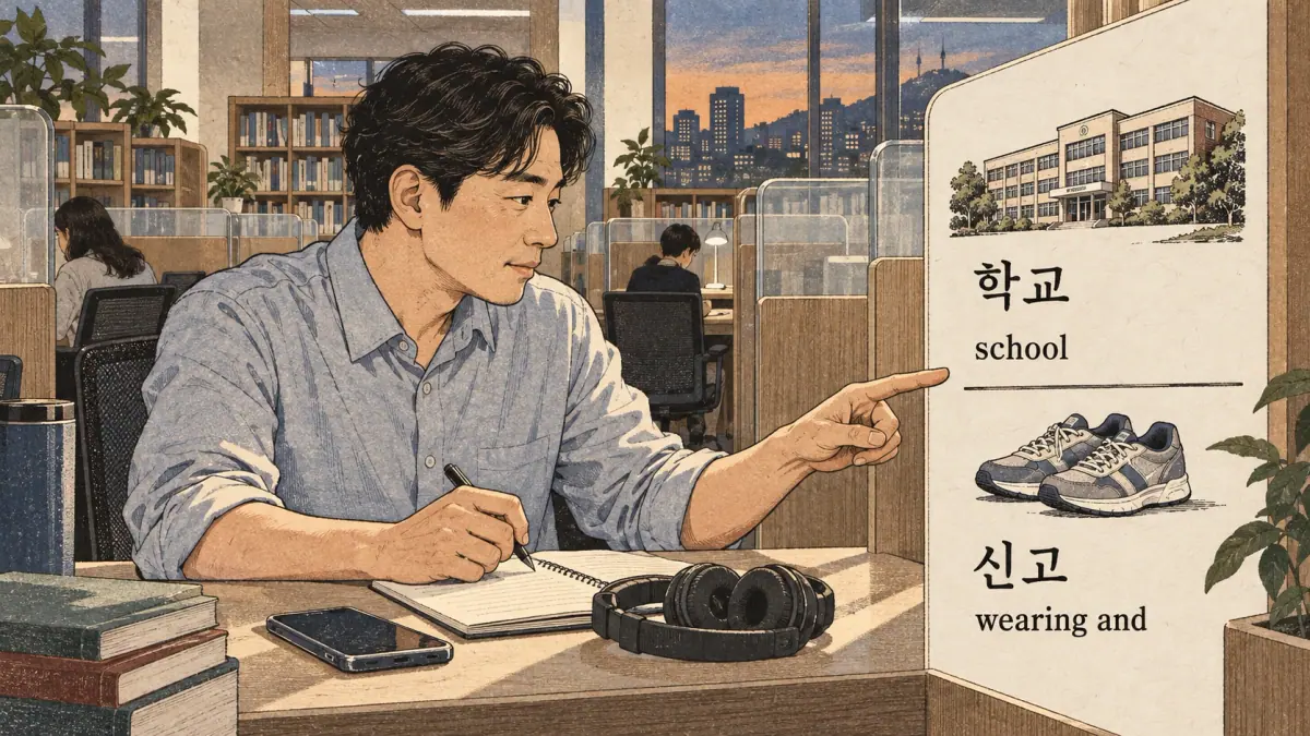 Pronunciation examples: 학교, 신고, school
