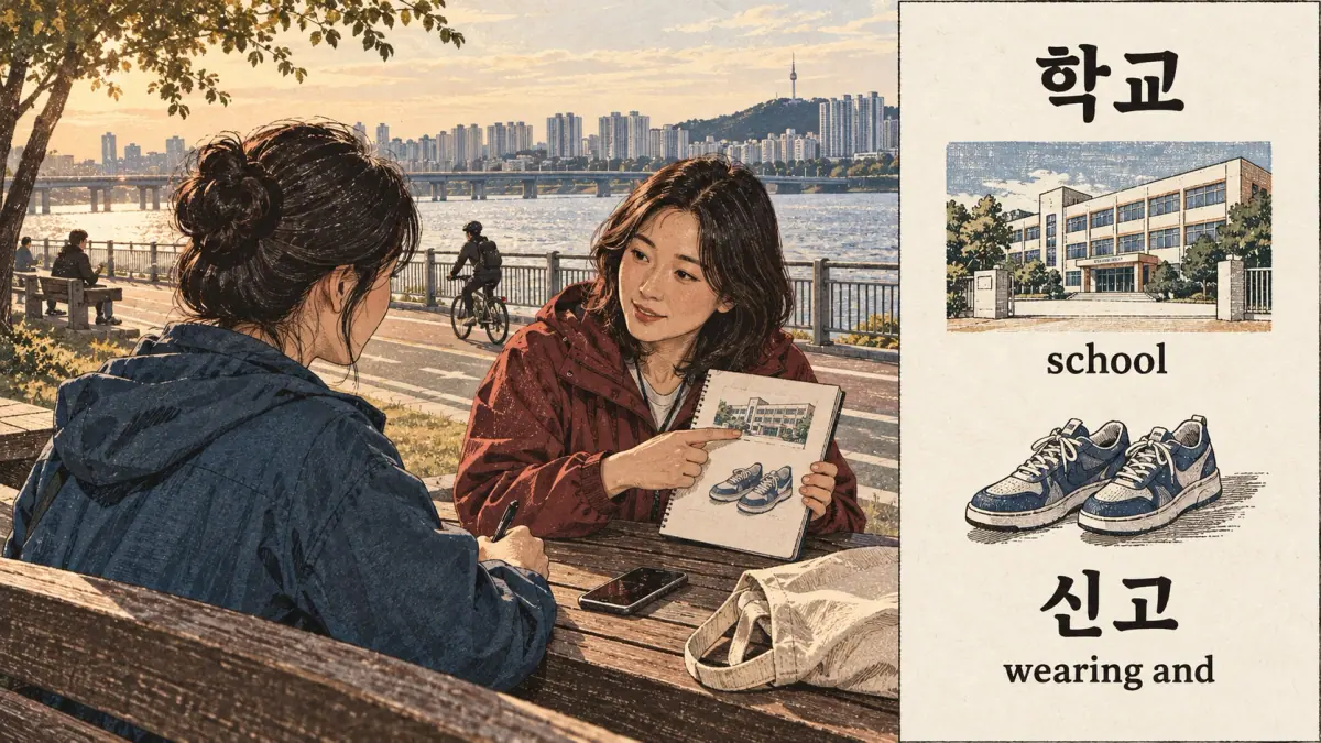 Pronunciation examples: 학교, 신고, school