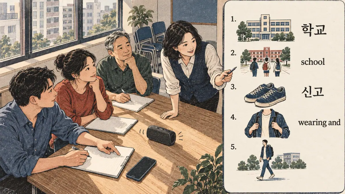 Pronunciation examples: 학교, 신고, school