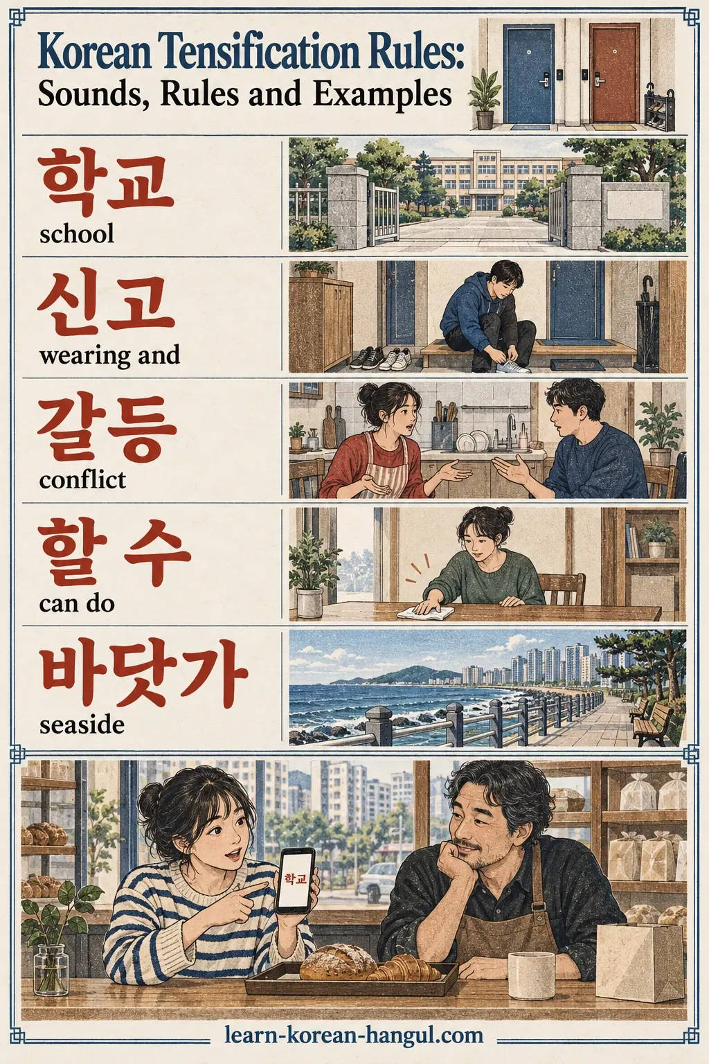 Pronunciation examples: 학교, 신고, 갈등, 할 수, 바닷가, school, conflict, seaside