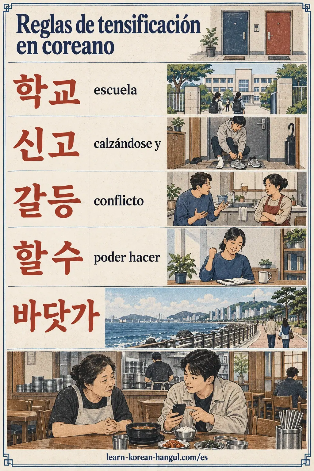 Ejemplos de pronunciación: 학교, 신고, 갈등, 할 수, 바닷가, escuela, conflicto