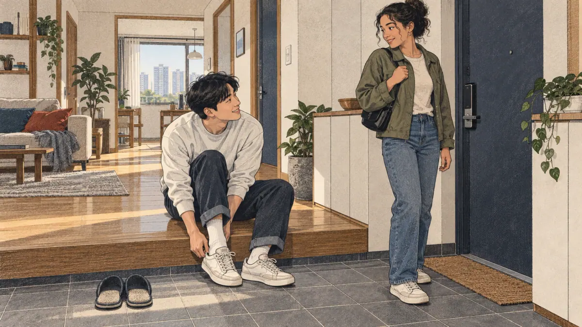 A young adult puts on sneakers in a Korean apartment entryway before going out.
