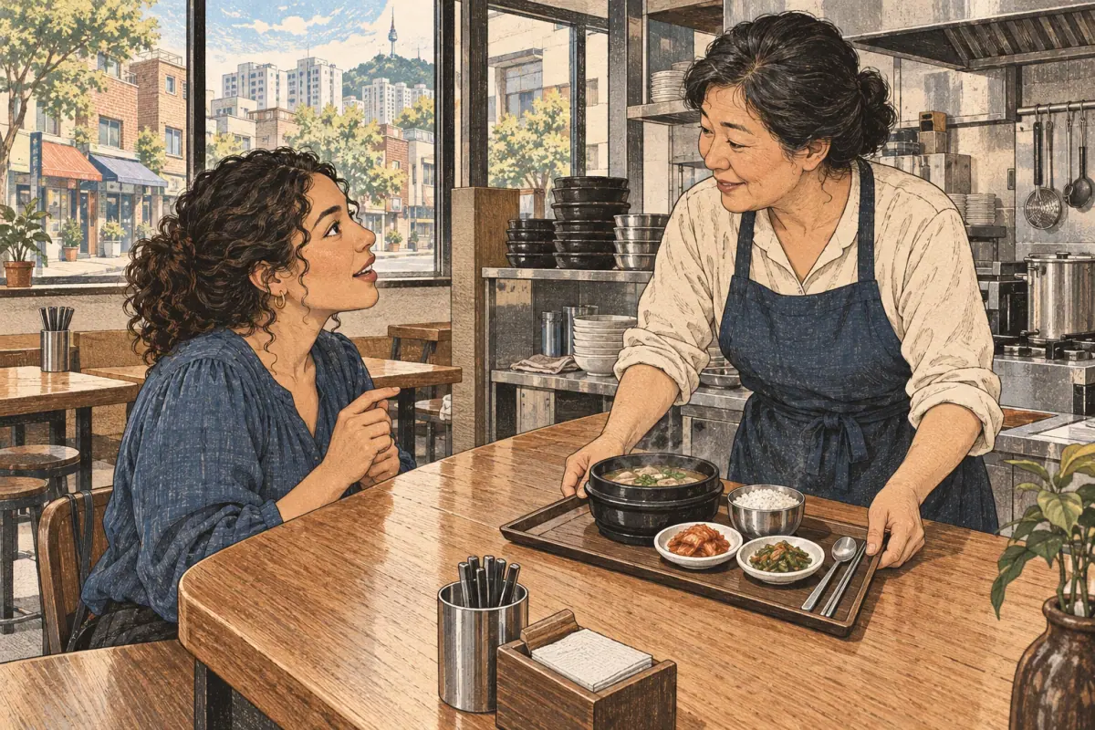 An adult learner repeats a Korean word while ordering soup and rice in a Seoul restaurant.