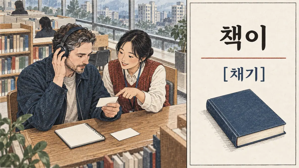 Korean pronunciation examples: 책이 / [채기].