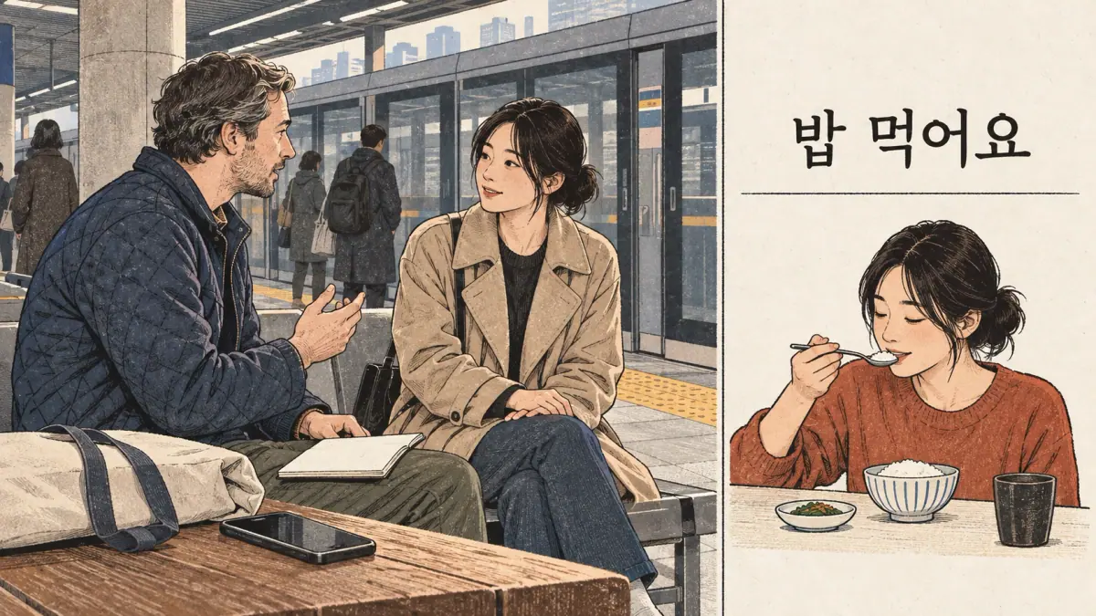 Korean pronunciation examples: 밥 먹어요.