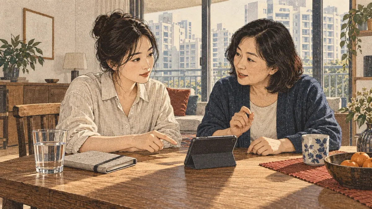 Adults practise Korean pronunciation in a Seoul apartment dining room.