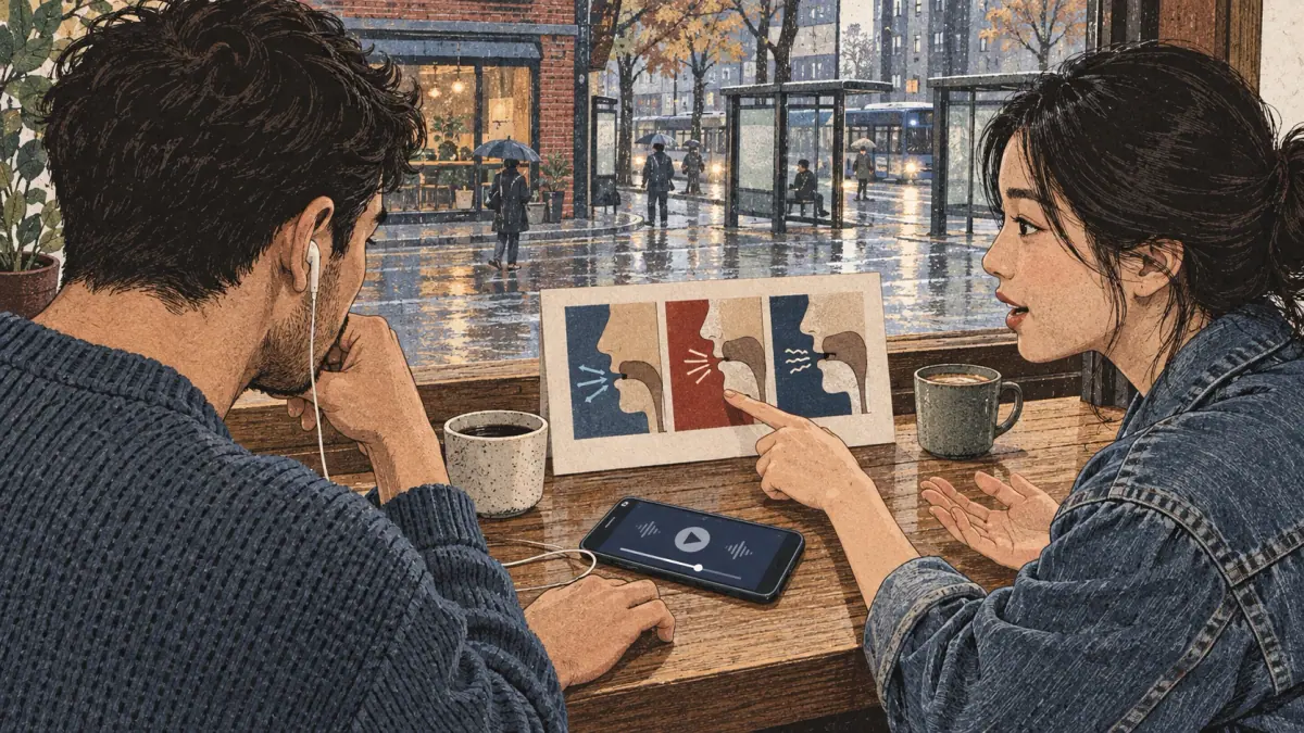 Adults practise Korean pronunciation in a Mapo cafe window counter.