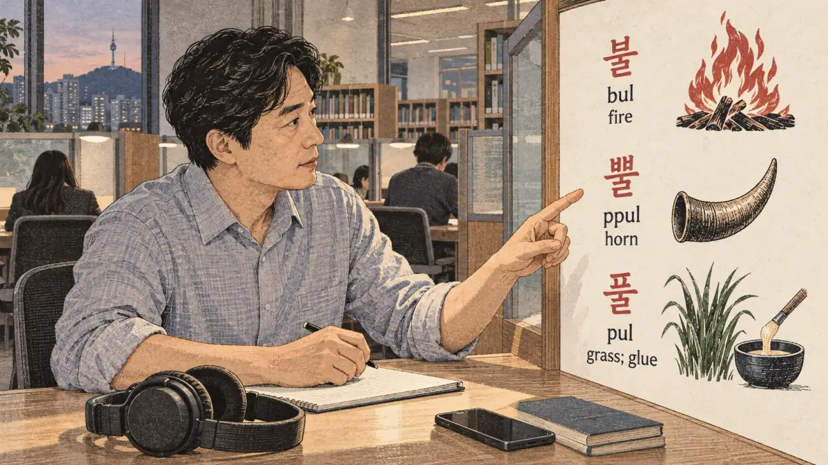 Pronunciation examples: 불, 뿔, 풀, bul, fire, ppul, horn, pul